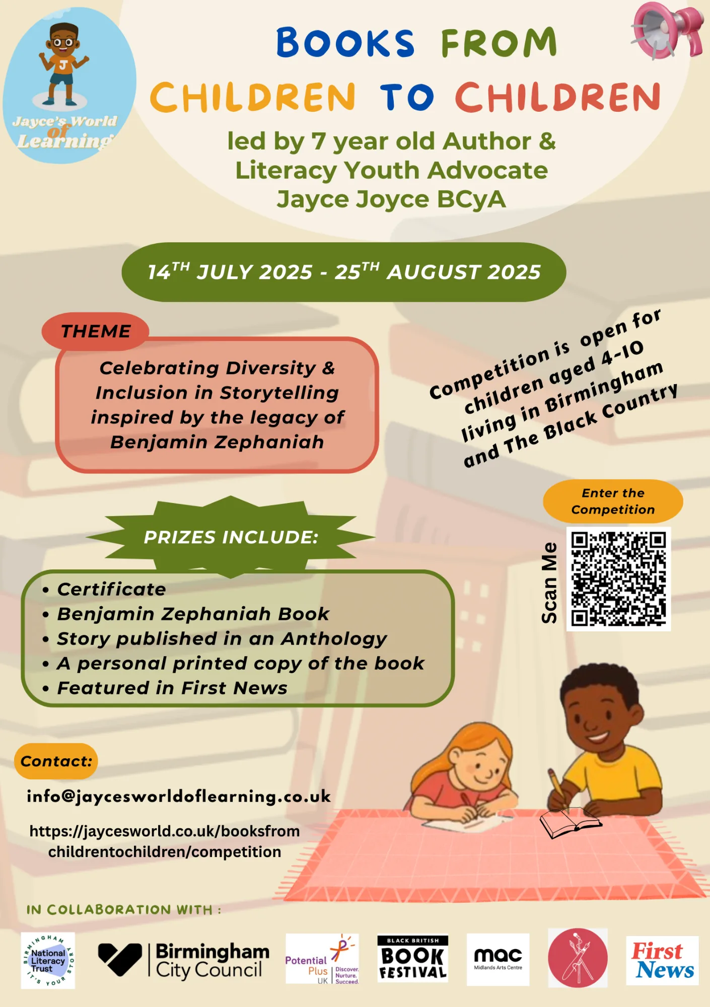 Books From Children To Children writing competition flyer — children aged 4–10