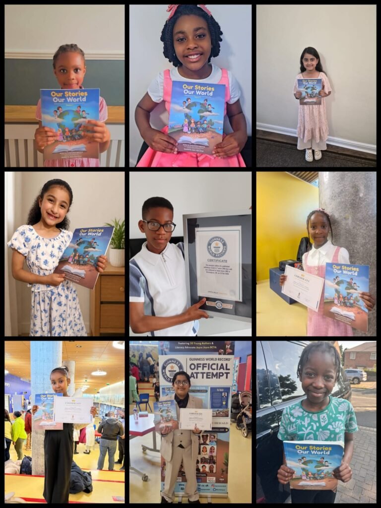 Nine of the twenty young authors from the 2025 Books From Children To Children anthology, Our Stories Our World, holding copies of the published book