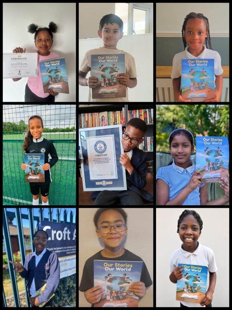 Nine more of the twenty young authors from the 2025 Books From Children To Children anthology, Our Stories Our World, holding copies of the published book and their author certificates